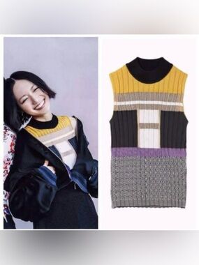 Mame Kurogouchi SLEEVELESS KNIT Sweater Top Colorblock Mock Neck Japan Sz 3 US S